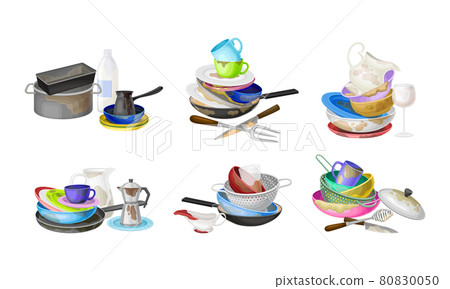 Piles of Dirty Dishes and Utensils with Plates and Cups Vector Set Piles of Dirty Dishes and Utensils with Plates and Cups Vector Set 80830050