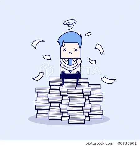 Businessman tried and stressed on paperwork. Cartoon character thin line style vector. 80830601