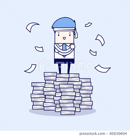 Businessman standing on paperwork. Cartoon character thin line style vector. 80830604