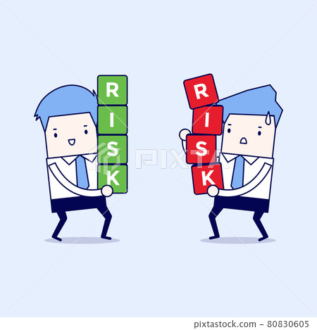 Two businessman carrying risk blocks. Risk management. Cartoon character thin line style vector. 80830605