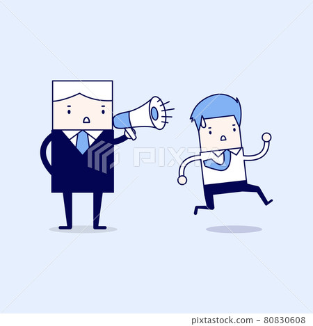 Boss commanding officers into a megaphone. Cartoon character thin line style vector. Boss commanding officers into a megaphone. Cartoon character thin line style vector. 80830608
