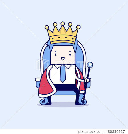 Businessman sitting on the throne with the crown like a king. Cartoon character thin line style vector. Businessman sitting on the throne with the crown like a king. Cartoon character thin line style vector. 80830617