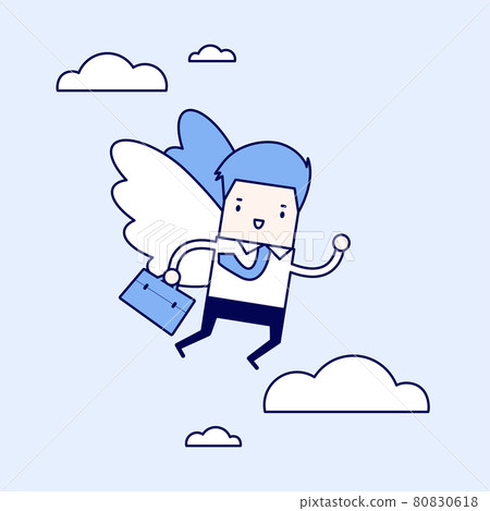 Businessman flying with his wing. Cartoon character thin line style vector. 80830618