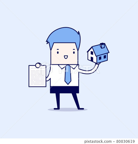 Businessman real estate agent holding house and contract. Cartoon character thin line style vector. Businessman real estate agent holding house and contract. Cartoon character thin line style vector. 80830619