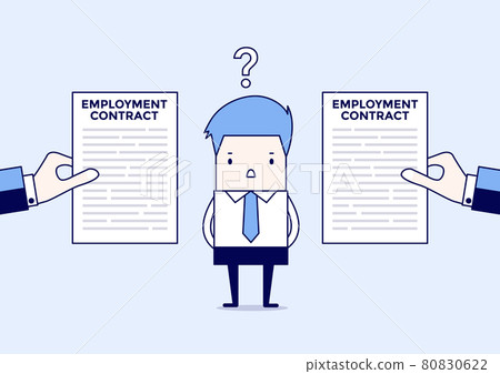 Businessman with two employment contract offer from two companies. Cartoon character thin line style vector. 80830622
