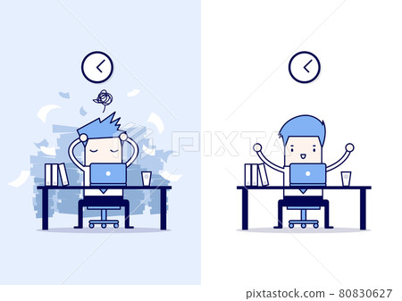 Businessman finish working and busy businessman unfinished work. Cartoon character thin line style vector. Businessman finish working and busy businessman unfinished work. Cartoon character thin line style vector. 80830627