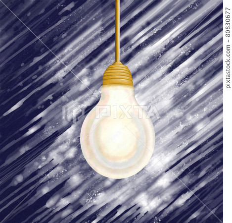 Glowing white light bulb with a gold base and cord against a background of a dark sky and falling snow Glowing white light bulb with a gold base and cord against a background of a dark sky and falling snow 80830677