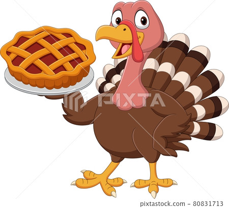 Cartoon turkey holding a cake pie 80831713
