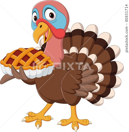 Cartoon turkey holding a cake pie Cartoon turkey holding a cake pie 80831714