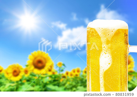 Image of mug beer with sunflower background and dripping water drops 80831959