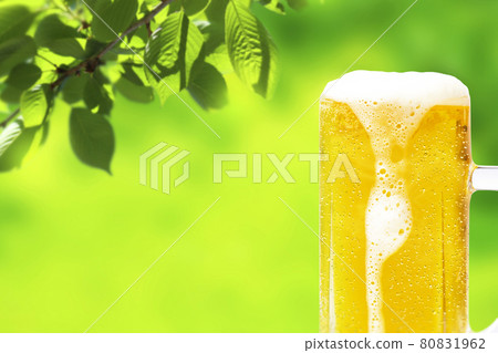 新鮮綠色背景和滴水的大杯啤酒圖像 80831962