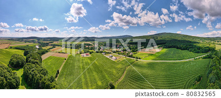 Aerial view of agricultural and green fields in countryside 80832565