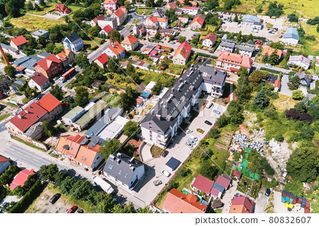 Aerial view of small european town with residential buildings and streets Aerial view of small european town with residential buildings and streets 80832607
