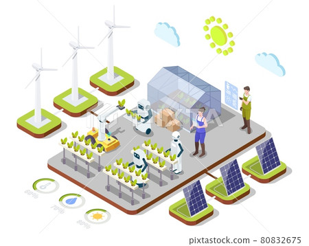 Smart organic farming, vector isometric infographic. AI technologies, automation, clean energy in agricultural industry. Smart organic farming, vector isometric infographic. AI technologies, automation, clean energy in agricultural industry. 80832675