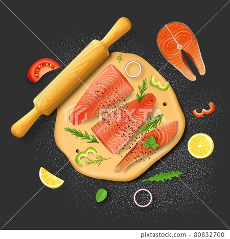 Fish pie ingredients. Dough, red salmon fillet, lemon, tomato slices, arugula and rosemary greens, vector illustration. Fish pie ingredients. Dough, red salmon fillet, lemon, tomato slices, arugula and rosemary greens, vector illustration. 80832700