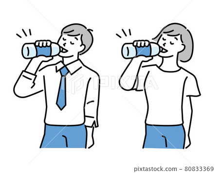 Illustration of a man and woman hydrating (summer, heat stroke, drinking water, rest, health, prevention, refreshing) 80833369