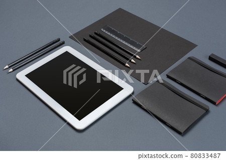 Mockup business brand template on gray background. Set of black stationery. Mockup business brand template on gray background. Set of black stationery. 80833487