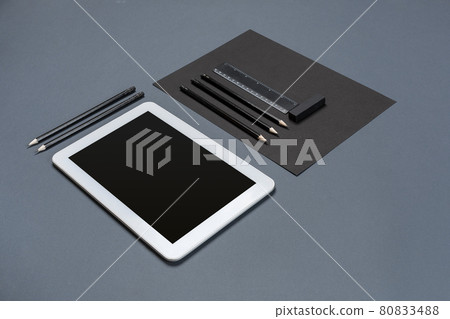 Mockup business brand template on gray background. Set of black stationery. Mockup business brand template on gray background. Set of black stationery. 80833488