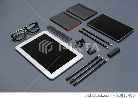 Mockup business brand template on gray background. Set of black stationery. Mockup business brand template on gray background. Set of black stationery. 80833490