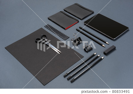 Mockup business brand template on gray background. Set of black stationery. 80833491