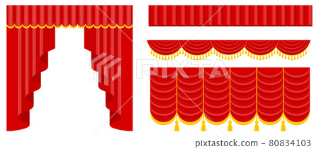 Curtains with lambrequins on the stage of the theater, concert hall. Curtains with lambrequins on the stage of the theater, concert hall. 80834103