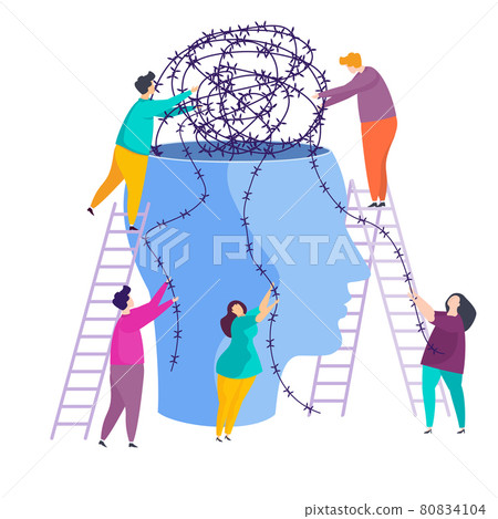 Tiny people people unravel the tangle of problems in a person head. Tiny people people unravel the tangle of problems in a person head. 80834104