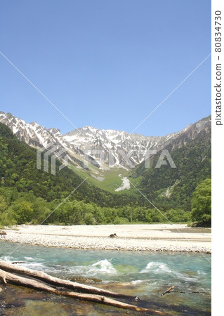 信州上高地、清澈流淌的梓川被春天的清新綠色和背景中可以看到的穗高山脈所環繞 信州上高地、清澈流淌的梓川被春天的清新綠色和背景中可以看到的穗高山脈所環繞 80834730
