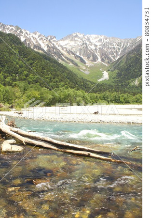 信州上高地、清澈流淌的梓川被春天的清新綠色和背景中可以看到的穗高山脈所環繞 80834731