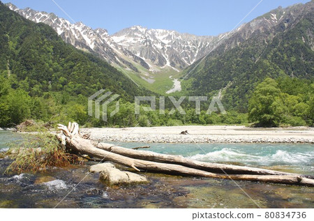 Shinshu Kamikochi, the Azusa River that flows purely surrounded by the fresh green of spring and the Hotaka mountain range that can be seen in the background 80834736