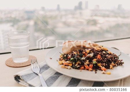 Homemade fried rice with chicken breast. Concept of diet food for health. Homemade fried rice with chicken breast. Concept of diet food for health. 80835166