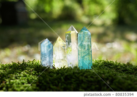 Gemstones minerals on mysterious nature background. Magic Rock for Crystal Ritual, healing spiritual practice. Gemstones minerals on mysterious nature background. Magic Rock for Crystal Ritual, healing spiritual practice. 80835394
