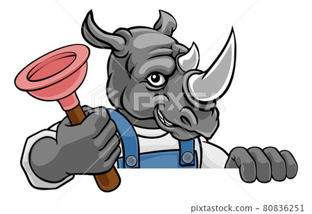 Rhino Plumber Cartoon Mascot Holding Plunger Rhino Plumber Cartoon Mascot Holding Plunger 80836251