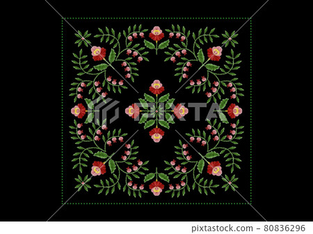 Pattern for embroidery rectangular frames of stylized flowers with pink and orange petals with leaves and berries on a black background 80836296