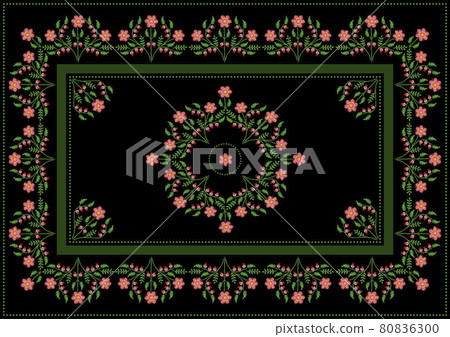 Pattern for embroidery of a circle of bouquets with flowers of pink and orange petals, with leaves and berries on a black background Pattern for embroidery of a circle of bouquets with flowers of pink and orange petals, with leaves and berries on a black background 80836300