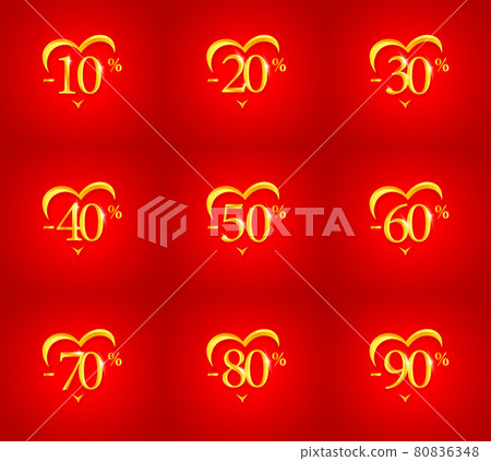 Sale, discount and percent off for valentines day and wedding day, greeting card poster or banner. Golden heart silhouette on red background, vector illustration 80836348