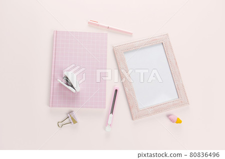 flat lay pink book and stationery. 80836496