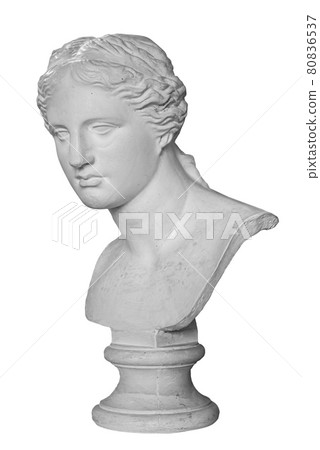 Gypsum copy of ancient statue Venus head isolated on white background. Plaster sculpture woman face Gypsum copy of ancient statue Venus head isolated on white background. Plaster sculpture woman face 80836537
