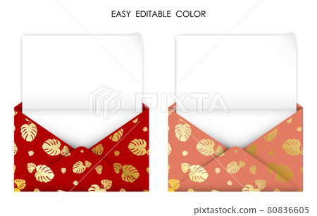 realistic open gold red envelope with blank sheet of paper inside. Detailed congratulatory template. Tropical plant Monstera leaves ornament on envelope. Vector 80836605