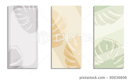 set of template invitation cards for celebration with monstera tropical plant leaves. Beige and pastel shades. Wedding frames with leaves. Vector 80836606