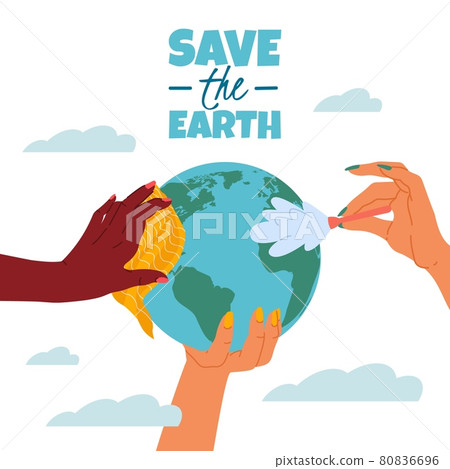 Cleaning planet. Different multi ethnic hands hold and wash together, save the earth text, ecological activists, banner or card, environment protection vector cartoon flat isolated concept 80836696