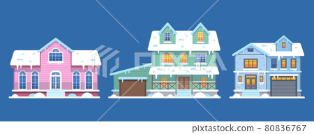 Winter houses. Cottages and townhomes pastel pink blue colors in snow, front view snowy buildings, christmas hotel. Xmas holidays celebration place. Real estate vector flat isolated set Winter houses. Cottages and townhomes pastel pink blue colors in snow, front view snowy buildings, christmas hotel. Xmas holidays celebration place. Real estate vector flat isolated set 80836767