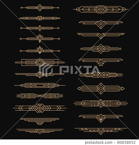 Art deco dividers. Vintage artful arts, 30s headers style. Ornaments, borders and frames design, golden ornate decor labels with lines tidy vector set Art deco dividers. Vintage artful arts, 30s headers style. Ornaments, borders and frames design, golden ornate decor labels with lines tidy vector set 80838052