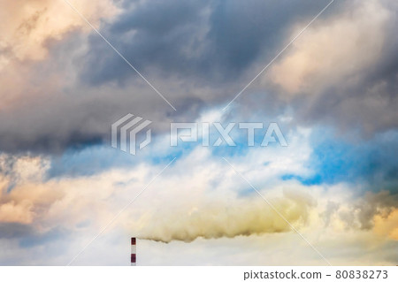 Environmental pollution, environmental issue, smoke coming from the chimney of an industrial plant or thermal power plant against the blue sky with clouds Environmental pollution, environmental issue, smoke coming from the chimney of an industrial plant or thermal power plant against the blue sky with clouds 80838273