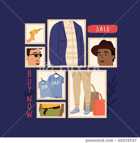 Male sale. Shopping discount men fashion, man wear hat and stylish jacket. Fashionable photo collage, contemporary vector buy now poster Male sale. Shopping discount men fashion, man wear hat and stylish jacket. Fashionable photo collage, contemporary vector buy now poster 80839587