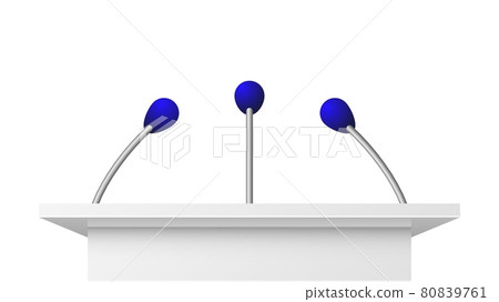 Public speech tribune. Open microphone, political action or business press conference white stand with three microphones. Demonstration, graduates education statement vector design Public speech tribune. Open microphone, political action or business press conference white stand with three microphones. Demonstration, graduates education statement vector design 80839761