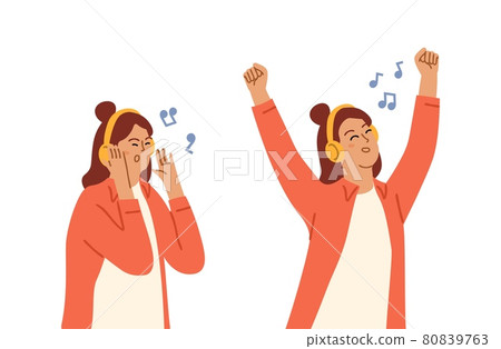 Music lover. Girl listen song in headphones. Bad good podcast, musical playlist or audiobook. Happy and sad angry woman listening info vector character Music lover. Girl listen song in headphones. Bad good podcast, musical playlist or audiobook. Happy and sad angry woman listening info vector character 80839763