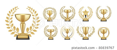 Golden trophy. Winner gold cup, realistic award with wreath. Sport competition, championship or leader. First place awards, anniversary isolated vector elements Golden trophy. Winner gold cup, realistic award with wreath. Sport competition, championship or leader. First place awards, anniversary isolated vector elements 80839767