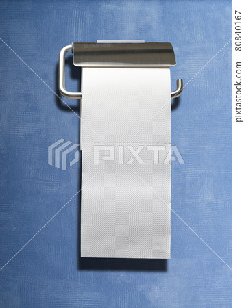 White toilet roll paper holder on Textured blue wallpaper 80840167