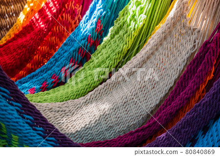 Close-up of multi-colored hammocks Close-up of multi-colored hammocks 80840869