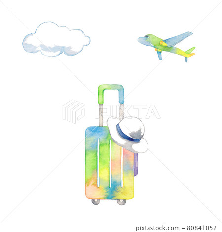 Rainbow suitcase, airplane and white hat 80841052